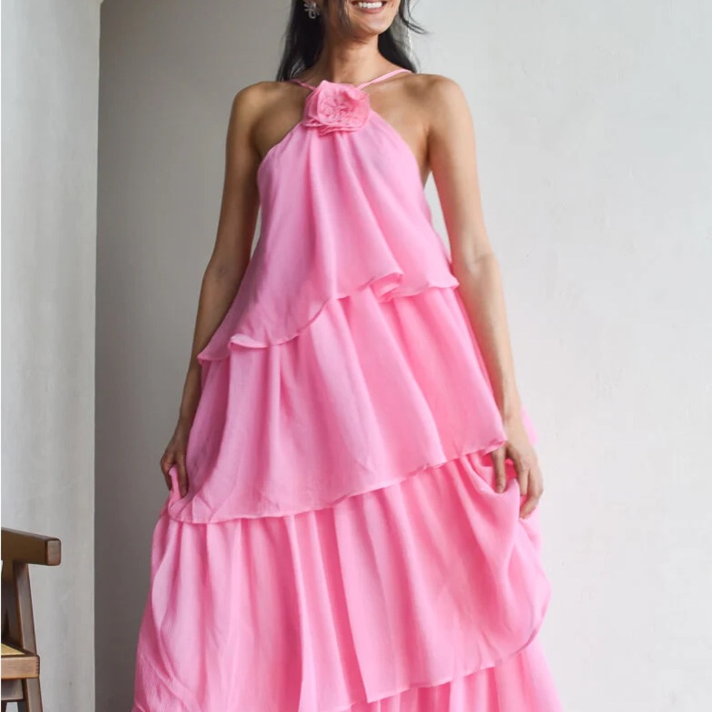 Pink Layered Rosette Maxi Dress